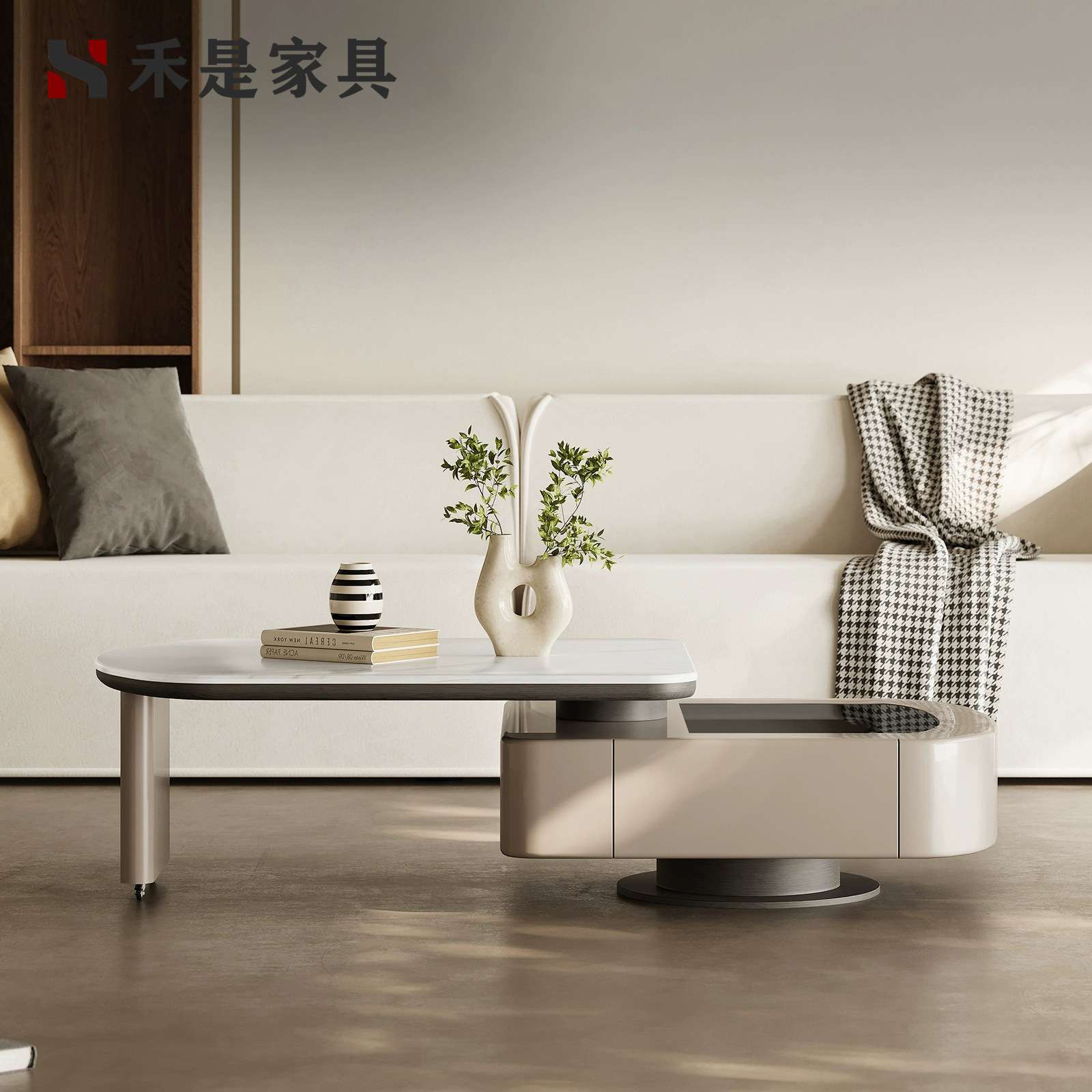 意式极简旋转茶几设计师茶几多功能微晶石伸缩茶几小户型客厅家用