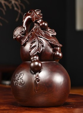 黑檀实木雕刻葫芦摆件福禄如意红木E家居客厅电视柜装饰工艺品送