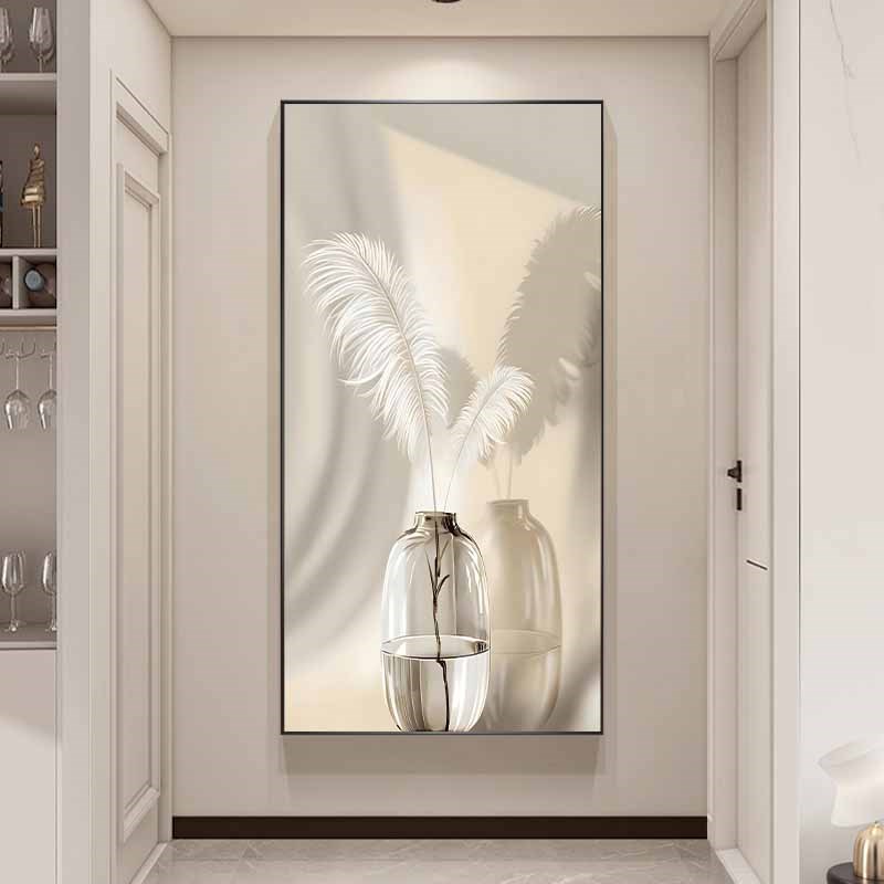 轻奢入户羽毛玄关装饰画r进门客厅走廊过道挂画新款竖版墙壁画框