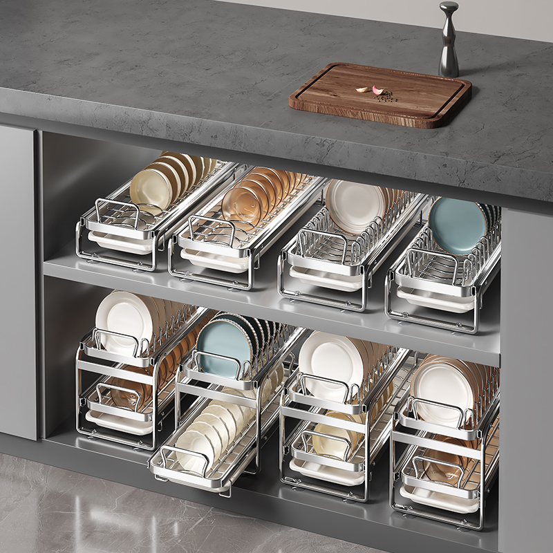 厨房不锈钢抽拉碗碟收纳架碗盘橱柜抽G屉内置放碗筷沥水拉篮置物