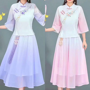 洋气渐变刺绣古风套装 改良版 时尚 新款 潮 汉服旗袍两件套女2026夏季
