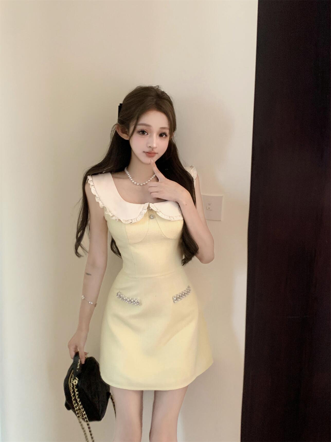 法式撞色娃娃领无袖连衣裙女夏季甜美小香风短裙显瘦收腰a字裙子