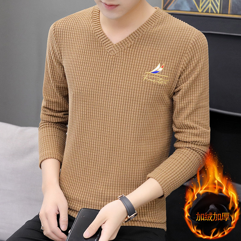 香港秋冬新款冰丝针织衫男士加绒长袖T恤刺绣V领打底衫体恤大码潮
