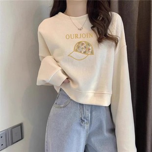 无帽长袖卫衣女2025年新款秋冬返校穿搭圆领印花短款休闲套头上衣