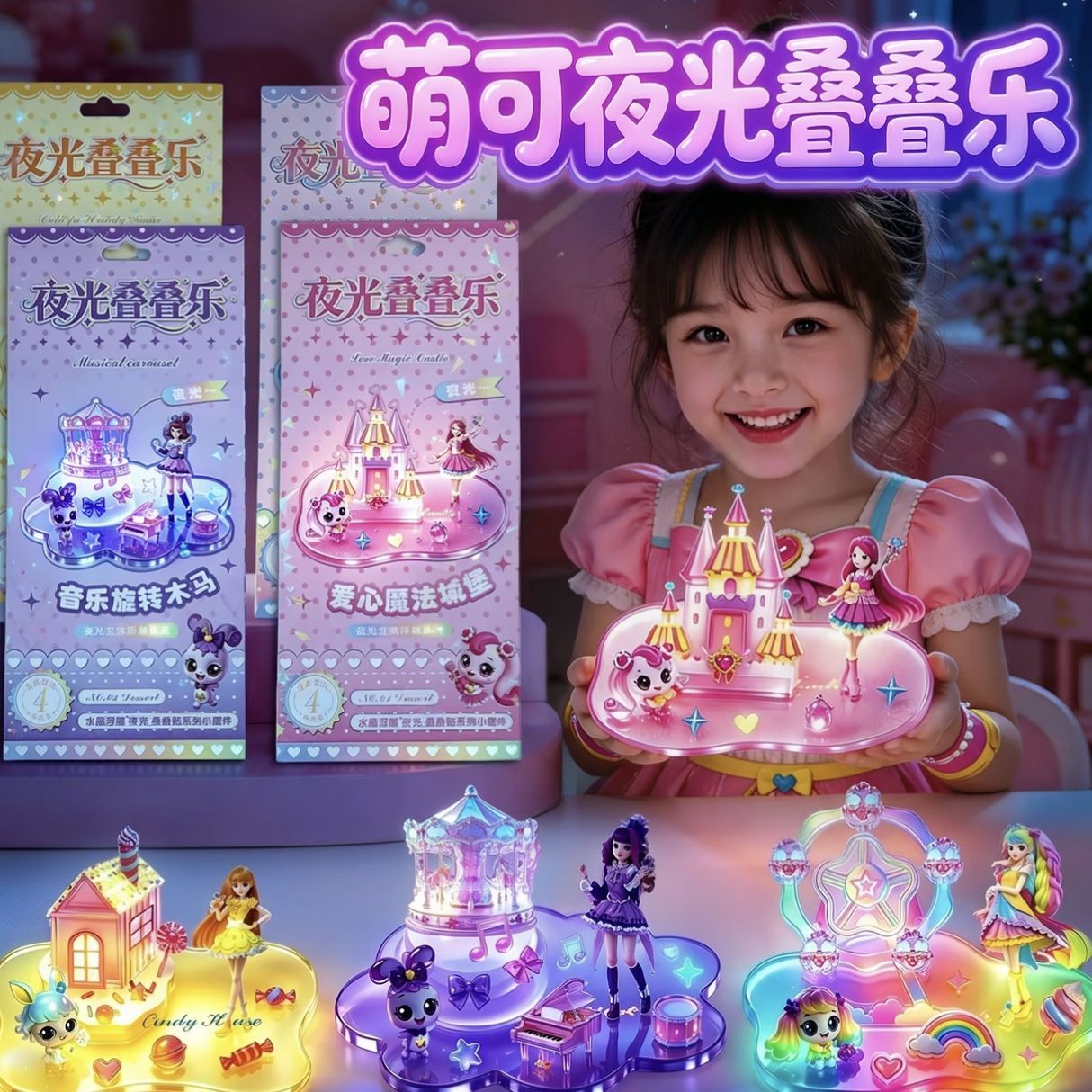 新款夜光3D立体浮雕贴纸叠叠乐儿童卡通女孩学生手工DIY摆件玩具图片