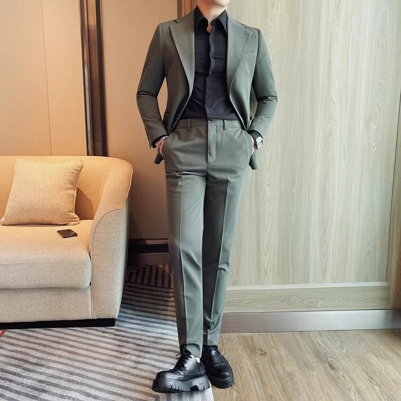 新款男士休闲西服套装秋冬季韩版修身百搭高端纯色两件套商务西装