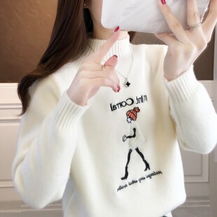 潮牌水貂绒加厚毛衣女秋冬装新款初中高中学生半高领打底针织衫