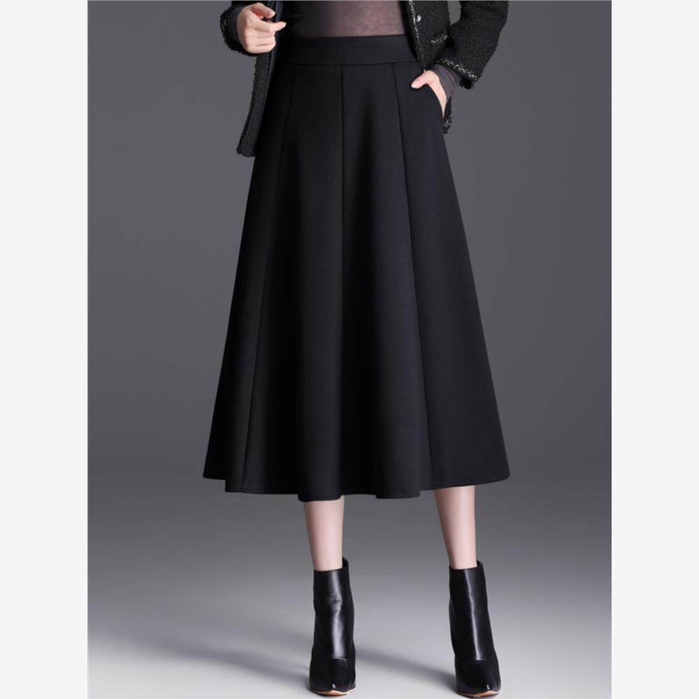 黑色毛呢半身裙女秋冬2025新款高腰显瘦中长款a字裙垂感百褶长裙
