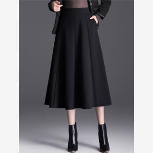 黑色毛呢半身裙女秋冬2025新款高腰显瘦中长款a字裙垂感百褶长裙