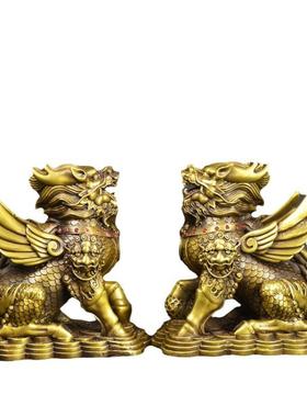 宏达全黄铜踏球财福麒麟家居玄关铜麒麟礼品铜器摆件