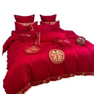 40支全棉纯棉婚庆床上四件套结婚大红色结婚陪嫁床品轻奢刺绣套件