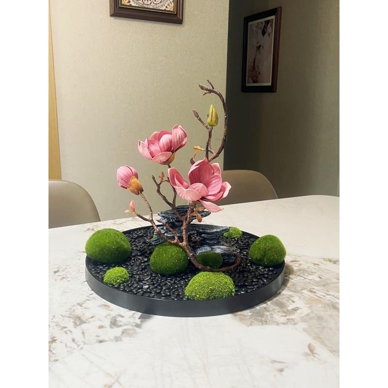 仿真花艺微造景观酒店圆形餐桌电动转盘中间摆放装饰假山盆景盘花