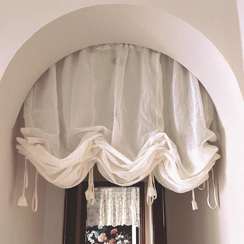 日式亚麻提拉帘弧形拱形门帘覆古罗马帘魔术贴半帘系带升降帘隔断