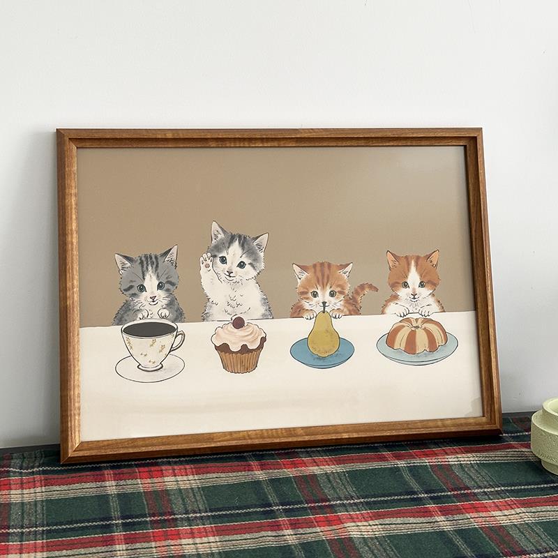 四祇小猫的下午茶水果布丁咖啡美食覆古可爱实木框墙挂摆台装饰画