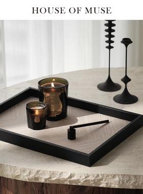 缪斯家 东方古韵/天然木纹香薰托盘木质皮革收纳盘客厅玄关摆件