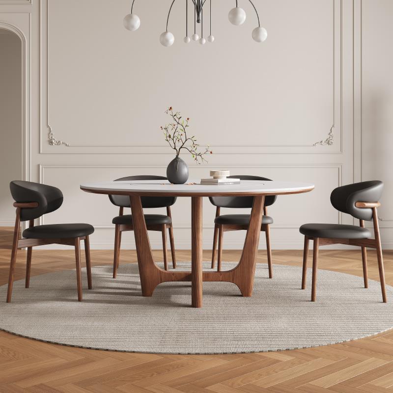 北欧实木岩板餐桌简约现代多功能电磁炉圆形餐桌内嵌转盘家用圆桌