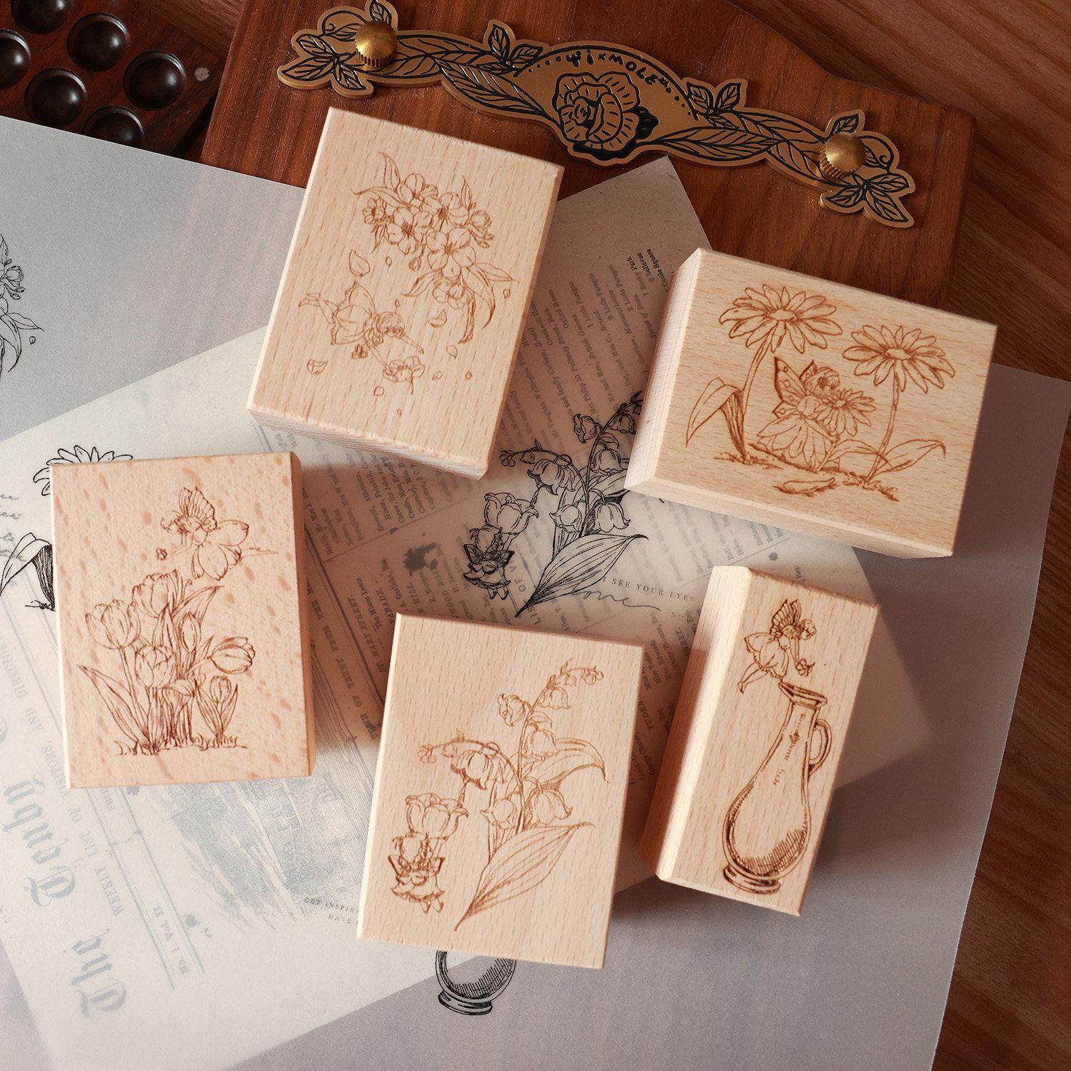 两只浣熊《花精灵仙子》树脂榉木印章手帐拼贴diy铃兰郁金香