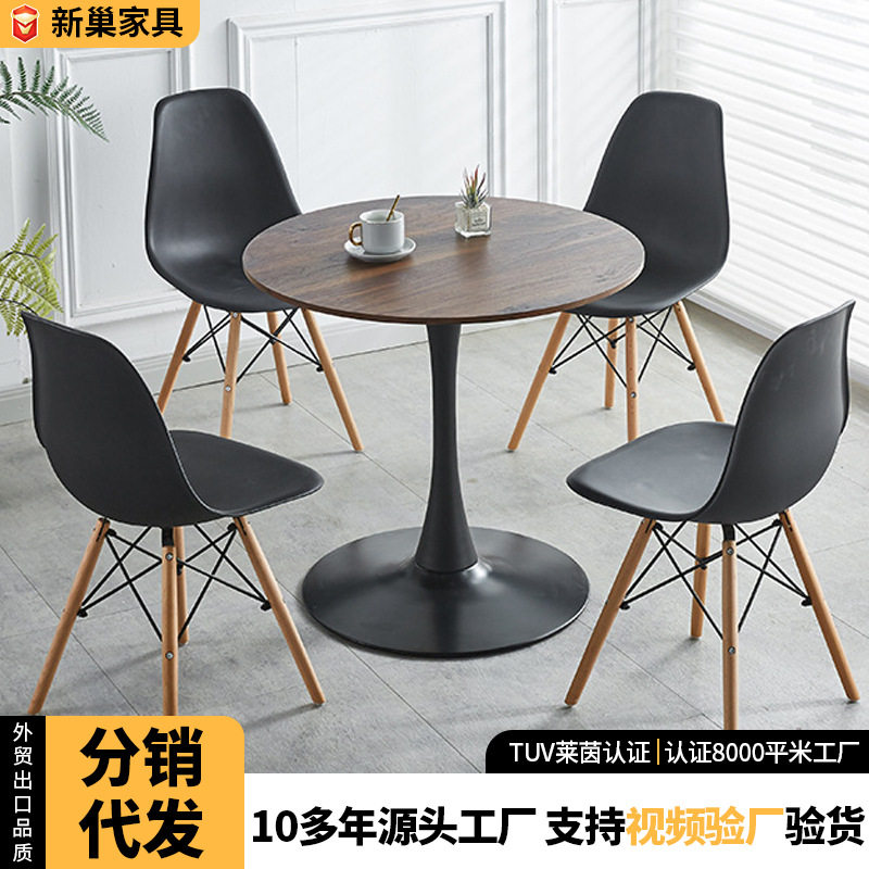 木纹圆桌简约现代民宿酒店餐厅咖啡厅家用小户型欧式胡桃色圆形桌