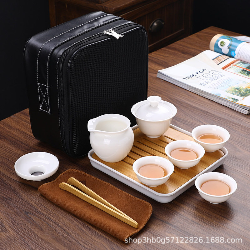 陶瓷旅行茶具防震便携包 厂家批发中国白羊脂玉盖碗套装家用 户外