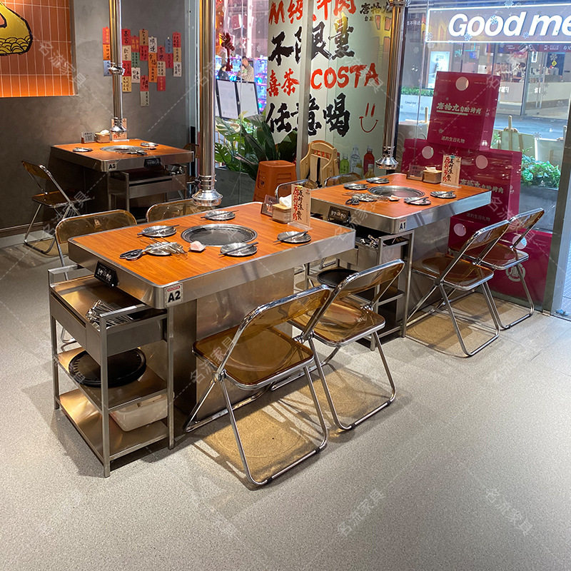 实木打造桌面不锈钢包边无烟净化上排烟烤肉桌火锅店烧烤店餐桌椅图片