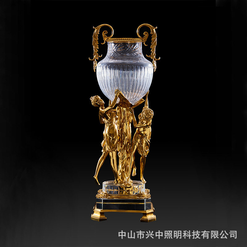 意式复古铜配水晶仕女重工落地大花盆欧式美女全铜质感落地花瓶
