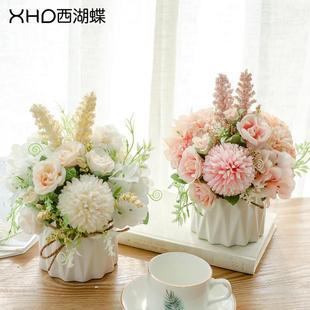 饰餐桌花北欧欧式 西湖蝶仿真花客厅摆件花束假花装 陶瓷小盆栽花艺