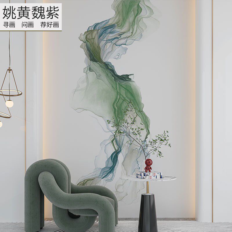 入户迎门墙壁纸新款复式楼挑高背景墙中式极简线条绿色展厅壁布画