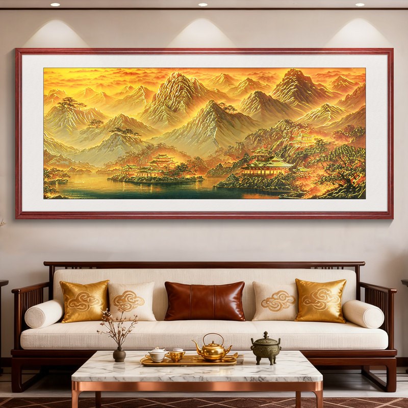 浮雕描金财满金山茶室山水画办公室挂画客厅装饰画沙发背景墙壁画