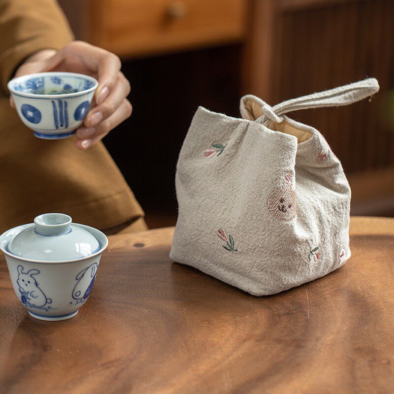 中式手工刺绣盖碗收纳包紫砂壶茶杯收纳袋加厚防摔卡通旅行包茶具