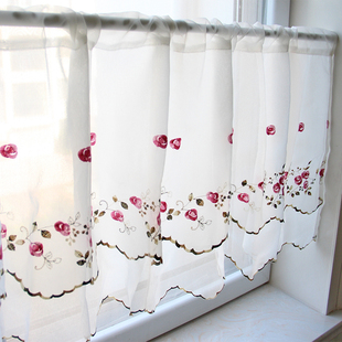精选免打孔绣花刺绣双层窗纱半截半帘短帘门帘飘窗帘小窗户纱帘遮