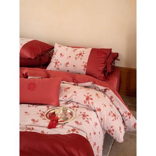 简约中式全棉色织婚庆四件套全棉60支红色喜字结婚被套床单床品