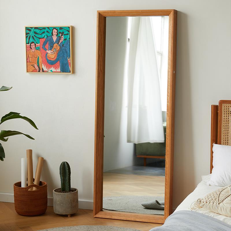 北欧实木大穿衣镜家用落地全身镜轻奢智能带灯试衣镜日式less镜子