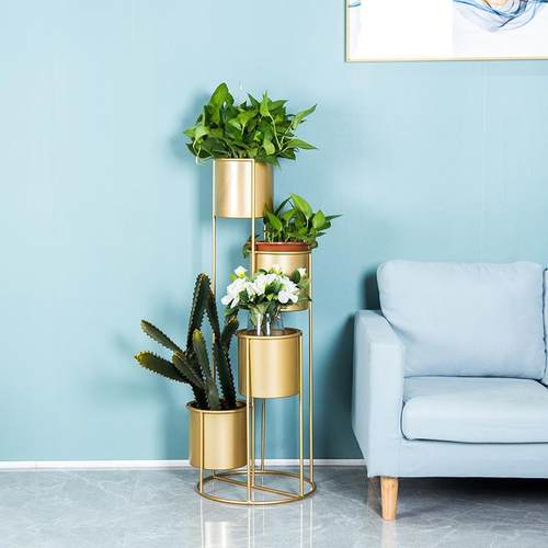 北欧铁艺圆桶花架客厅落地式阳台沙发电视柜旁装饰轻奢花盆架