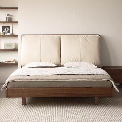 北美黑胡桃木全实木床现代简约1米8双人床真皮软包悬浮床主卧大床