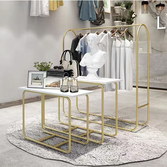 简易服装店流水台装饰 橱窗衣架展示架 中岛展示台柜高低置物桌子