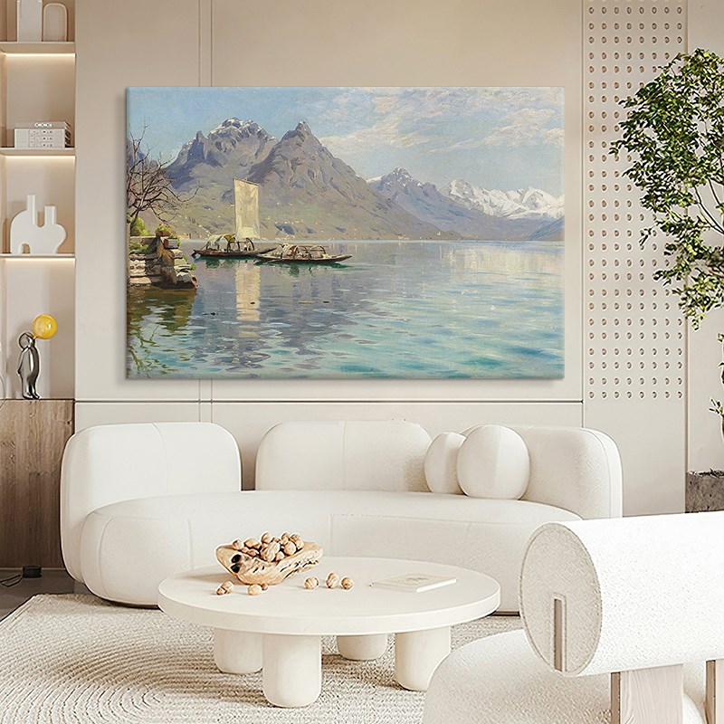 远山近水风景纯手绘油画肌理画欧式客厅背景墙装饰画小船横版挂画