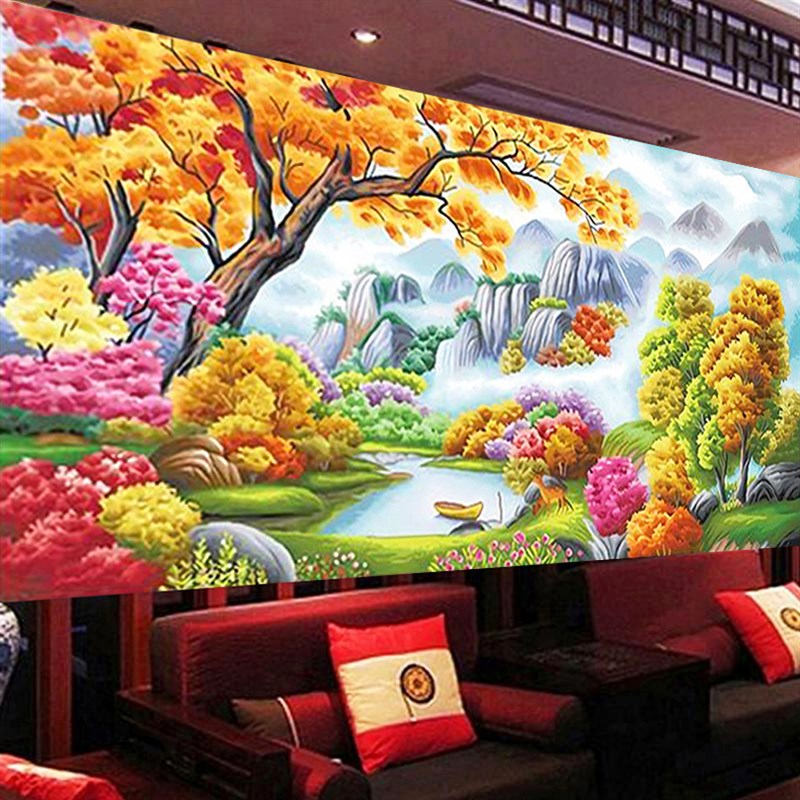 纯手工十字绣成品鸿运当头世外桃源人间仙境田园风景挂画带框出售