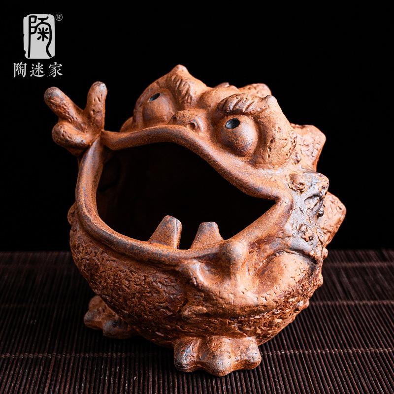 陶迷粗陶烟灰缸陶瓷青蛙烟缸创意桌面潮流摆件客厅复古防风灭烟缸