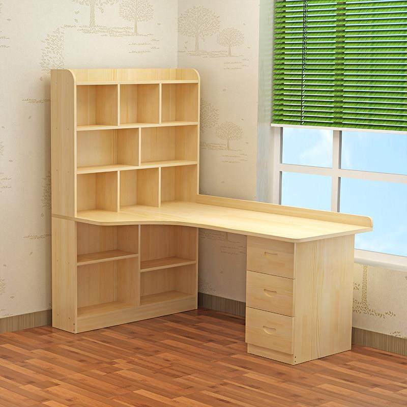 实木转角台式电脑桌书桌家用卧室拐角书架组合书柜儿童学习写字台
