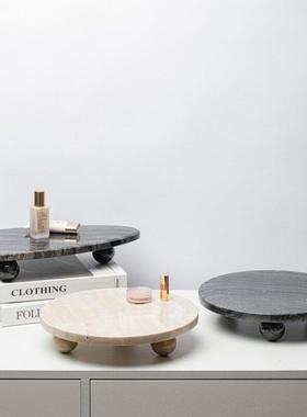 现代简约黄洞石托盘摆件洗手台茶几桌面收纳盘天然大理石装饰品