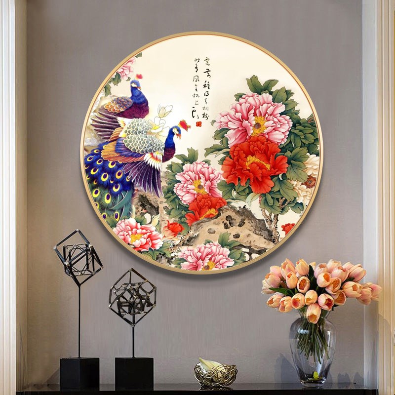速发孔雀圆形玄关装饰画新中式客餐厅背景墙挂画入户对门走廊过道图片
