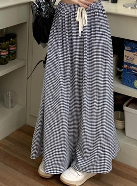 速发susei长ku 松紧腰高腰半裙春夏超火裙子蓝色格纹褶皱垂感y裙