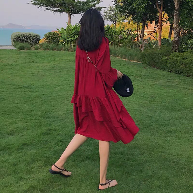 高货三亚旅游穿搭沙滩裙宽松裙子大红色海边度假连衣裙夏高级感
