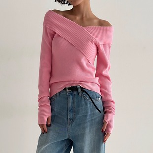 一字肩针织衫女春秋新款设计感小众短款修身打底上衣法式毛衣露肩