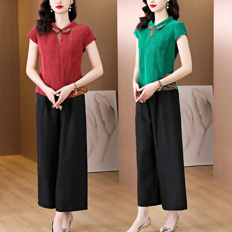 洋气夏装香云纱妈妈套装女装绣花中式真丝上衣中老年阔腿裤两件套