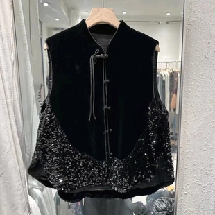 2024秋冬新款复古金丝绒显瘦国风立领盘扣女马甲重工加棉亮片马夹