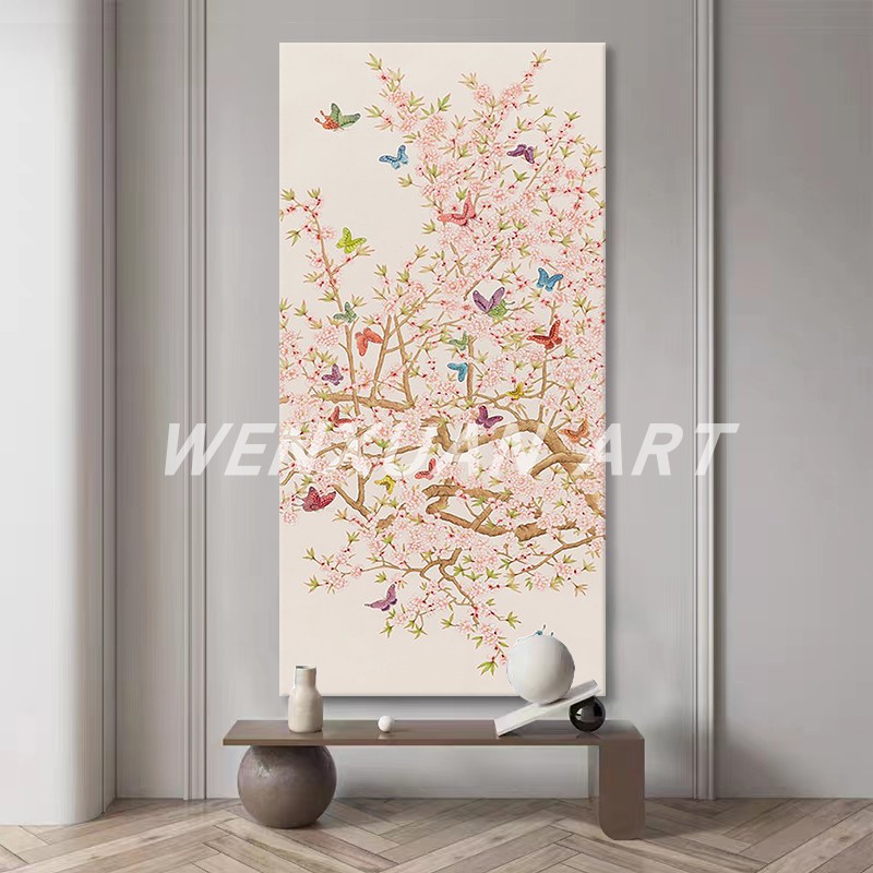 新中式粉色桃花蝴蝶纯手绘油画客厅玄关竖版装饰画走廊过道挂画图片