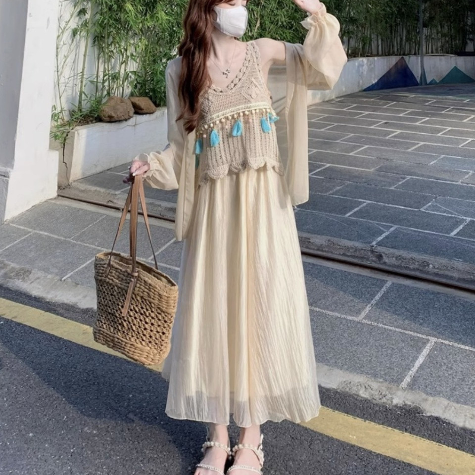 镂空流苏吊带背心女装夏季防晒衫套装2025年新款长袖半身裙三