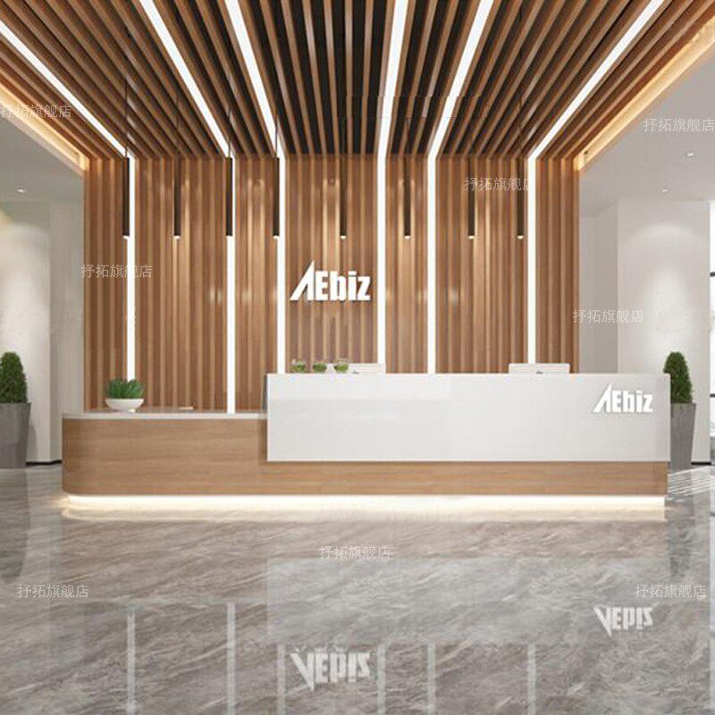 公司烤漆前台接待台木纹收银柜台美容院导诊台现代简约转角吧台定