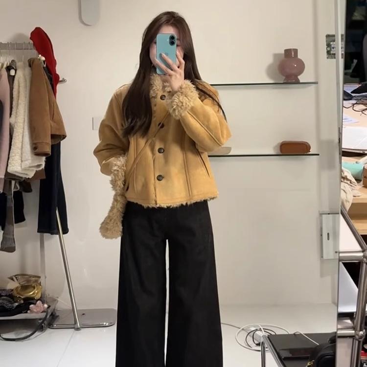 美式复古麂皮绒皮毛一体外套加厚